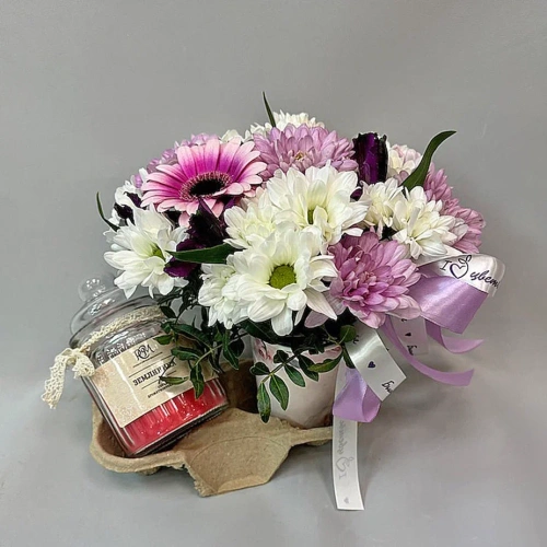 Сет "Земляника". Набор стаканчик с цветами и аромасвечой в банке арт. 70404