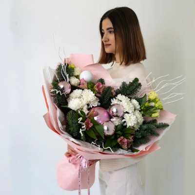 Букет из нобилиса и белых хризантем "Розовое сияние" N 91150