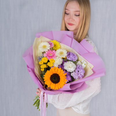 Букет в школу с подсолнухом "До свиданья, лето!" N 38164