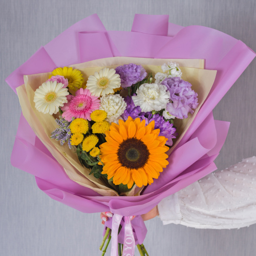 Букет в школу с подсолнухом "До свиданья, лето!" N 38164